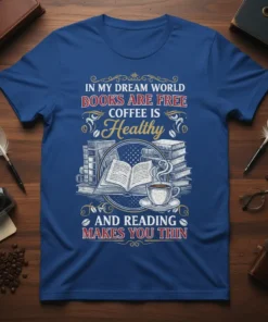 T-shirt design with text "In My Dream World Books Are Free Coffee Is Healthy And Reading Makes You Thin" featuring