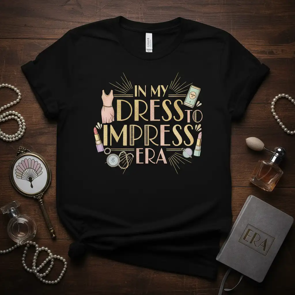 In My Dress To Impress Era typography with glamorous fashion accessories on a black tee