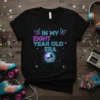 In My Eight Year Old Era text with neon butterflies and disco ball graphic on black t-shirt