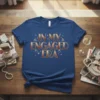 Text "In My Engaged Era" in rose gold glitter font with diamond and ring graphics on a royal blue t-shirt