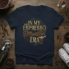 In My Espresso Martini Era text design with a martini glass graphic, gold glitter accents, navy blue t-shirt