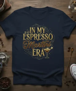 In My Espresso Martini Era text design with a martini glass graphic, gold glitter accents, navy blue t-shirt