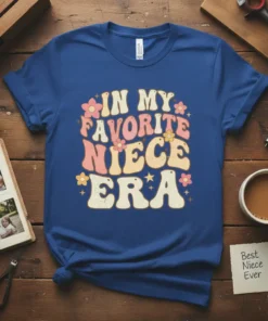 In My Favorite Niece Era t-shirt with retro floral design, showcasing the phrase in colorful, bubbly text