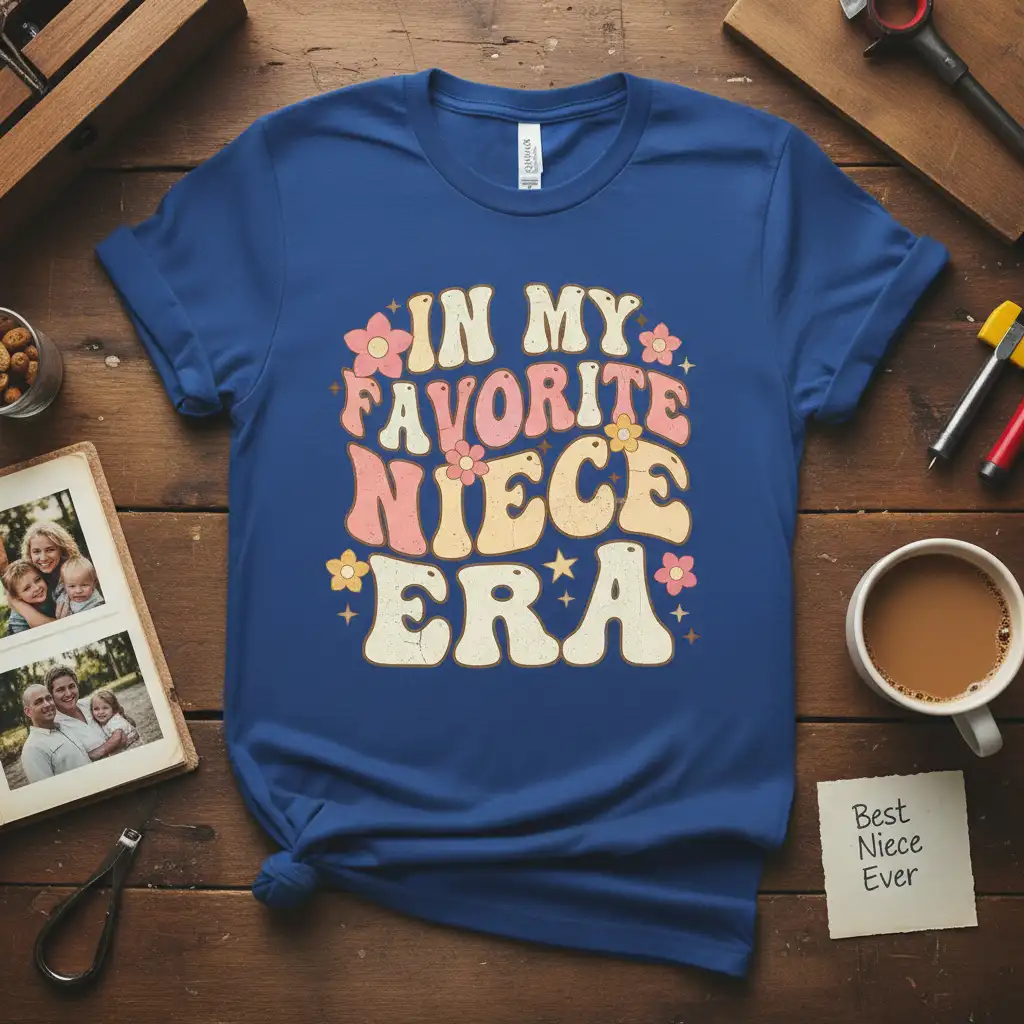 In My Favorite Niece Era text design with retro flowers and stars on a blue t-shirt