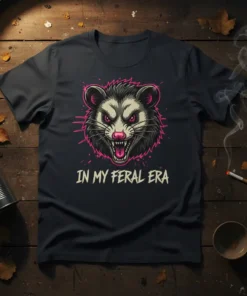 In My Feral Era t-shirt with a fierce raccoon graphic and neon pink accents, bold typography