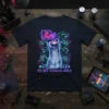 In My Feral Era t-shirt design with a neon raccoon surrounded by other raccoons, bright pink and blue accents