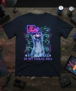 In My Feral Era t-shirt design with a neon raccoon surrounded by other raccoons, bright pink and blue accents