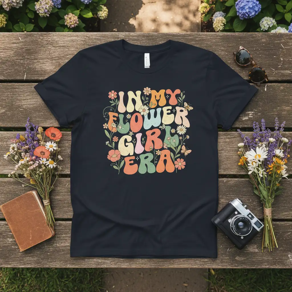 In My Flower Girl Era quote in a groovy retro font surrounded by colorful flowers and butterflies