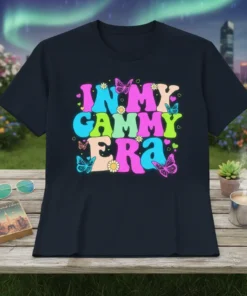Retro "In My Gammy Era" text with colorful butterflies and flowers on a dark t-shirt