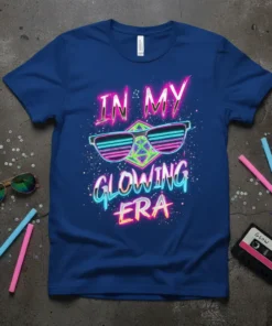 In My Glowing Era t-shirt with neon text, retro sunglasses, and starry background graphic