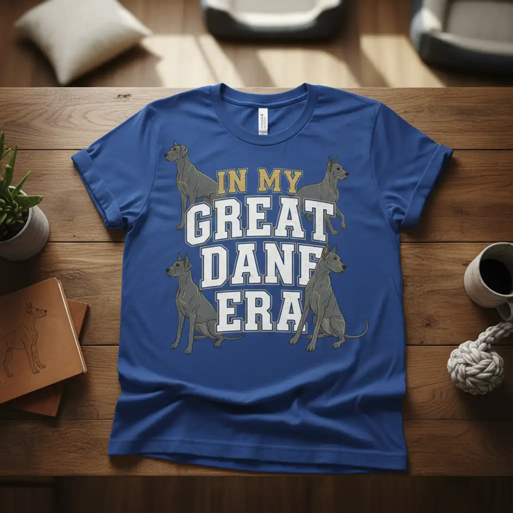 In My Great Dane Era text with four Great Dane dog illustrations on a blue t-shirt