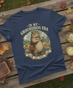 In My Groundhog Era Est 2024 t-shirt design featuring a cute groundhog wearing glasses and holding a bubble, with smaller
