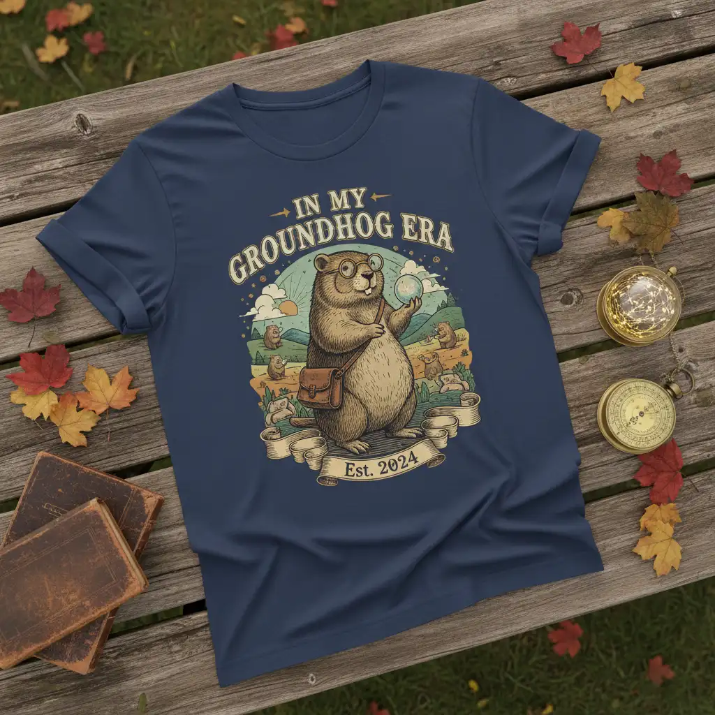 In My Groundhog Era Est 2024 graphic tee with a main groundhog character and surrounding smaller groundhogs in a landscape scene