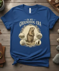 In My Groundhog Era t-shirt design with a central groundhog illustration and surrounding vignettes of its habitat and burrow
