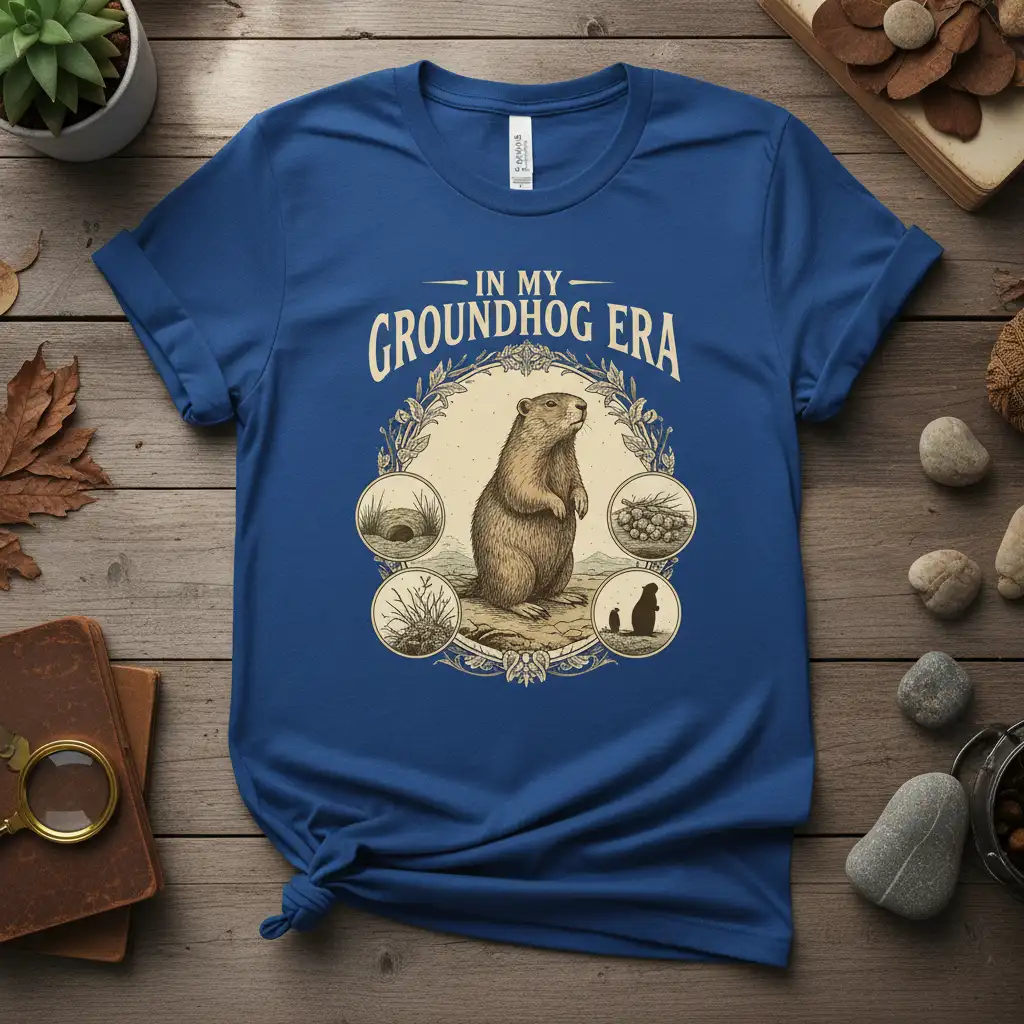 In My Groundhog Era graphic tee featuring a detailed groundhog illustration in a circular frame with habitat details