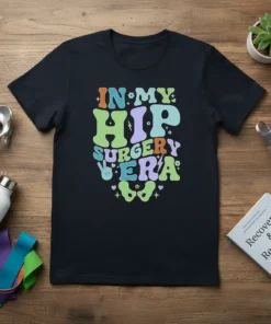 In My Hip Surgery Era text design with colorful groovy typography and peace sign graphic on a black t-shirt