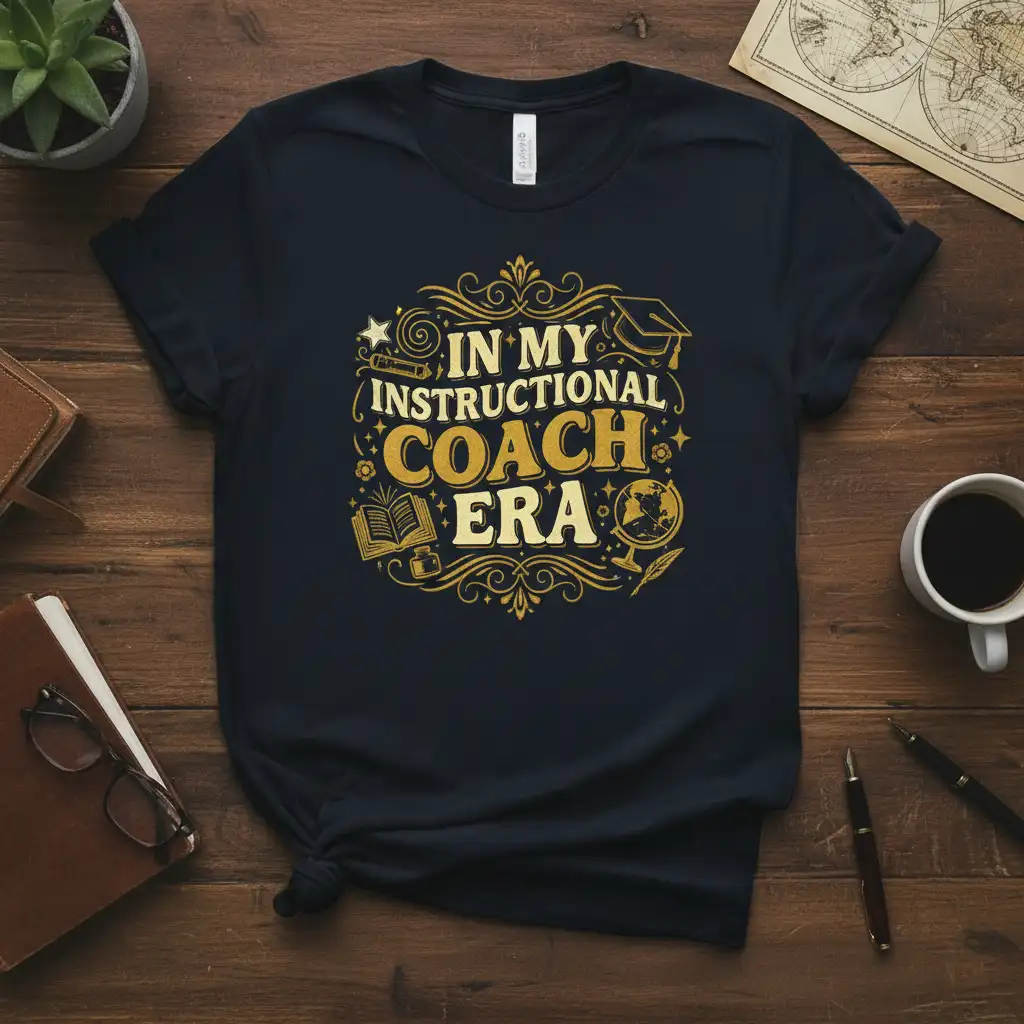 In My Instructional Coach Era quote with educational icons on a navy blue t-shirt for coaches