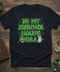 T-shirt with "In My Isibindi House Era" text in green bubble letters, featuring a lion head and peace sign graphic