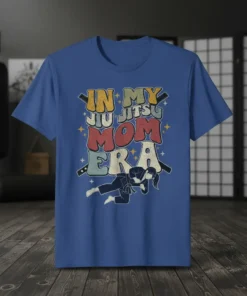 In My Jiu Jitsu Mom Era text design with a graphic of a woman in a Jiu-Jitsu gi, retro font