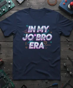 In My Jo*Bro Era text design with retro gaming aesthetic on a navy t-shirt