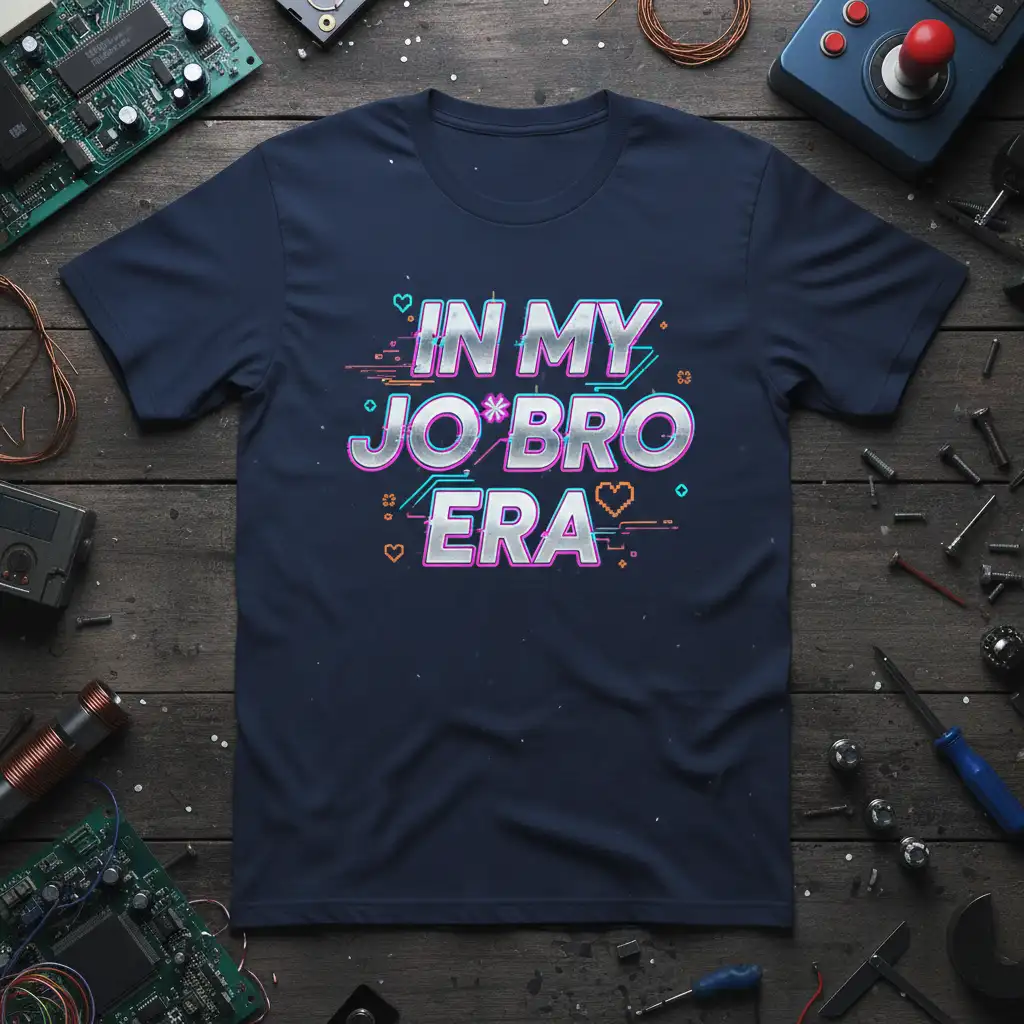 IN MY JO*BRO ERA retro gaming quote design with digital accents on a navy t-shirt