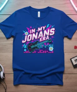 In My Jonans Era t-shirt design with a black electric guitar and pink and blue graphic elements