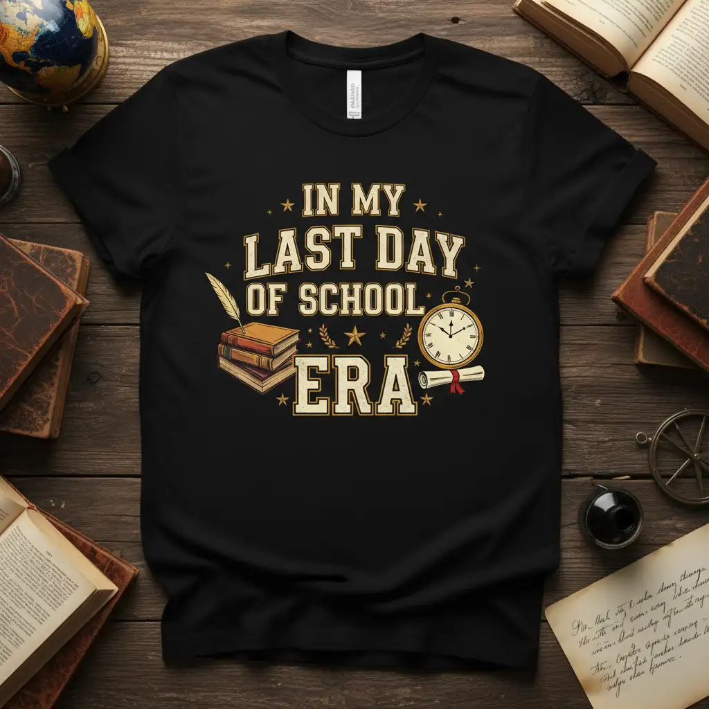 In My Last Day of School Era text with books, quill, and clock graphics on a t-shirt