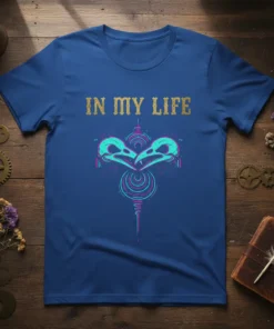 In My Life t-shirt design featuring two teal crow skulls forming a heart shape with gold distressed text above