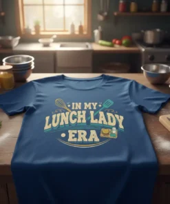 In My Lunch Lady Era text design with whisk and spatula graphics on a blue t-shirt