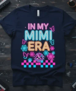 In My Mimi Era text design with retro disco ball, neon flowers, and butterflies on a navy t-shirt
