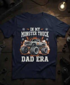 "In My Monster Truck Dad Era" text with a graphic of a monster truck, thunderbolts, and smoke