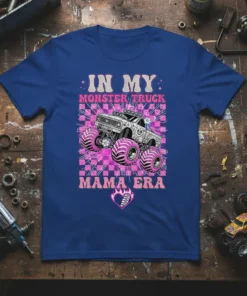 In My Monster Truck Mama Era text design with a cartoon monster truck graphic on a blue t-shirt