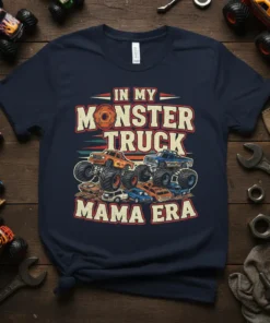 In My Monster Truck Mama Era t-shirt design featuring bold text and vintage monster trucks crushing cars
