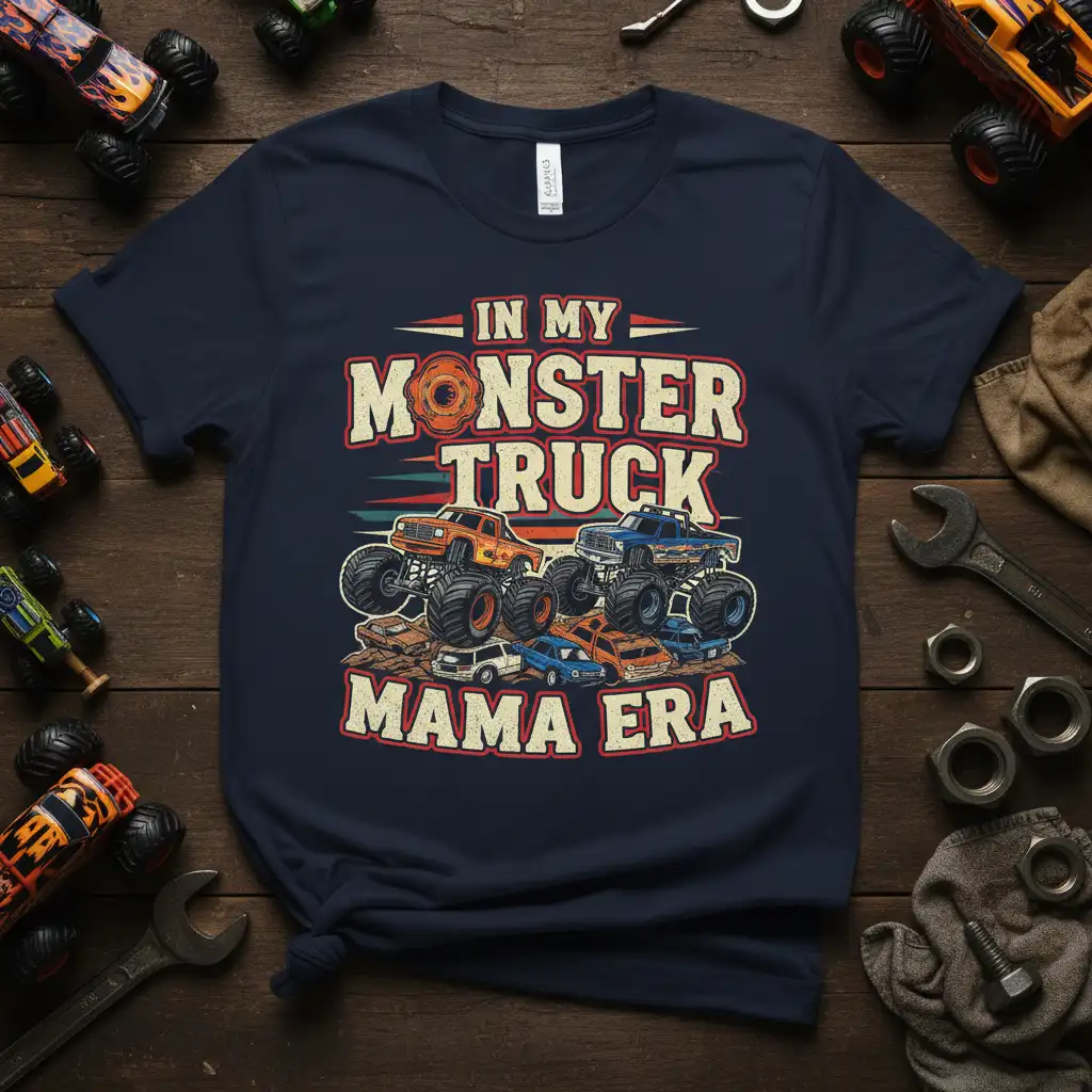 In My Monster Truck Mama Era quote on a navy t-shirt with graphic of monster trucks and crushed cars