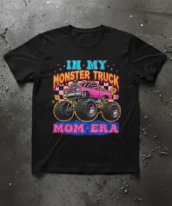 In My Monster Truck Mom Era t-shirt design featuring a pink monster truck and bold text