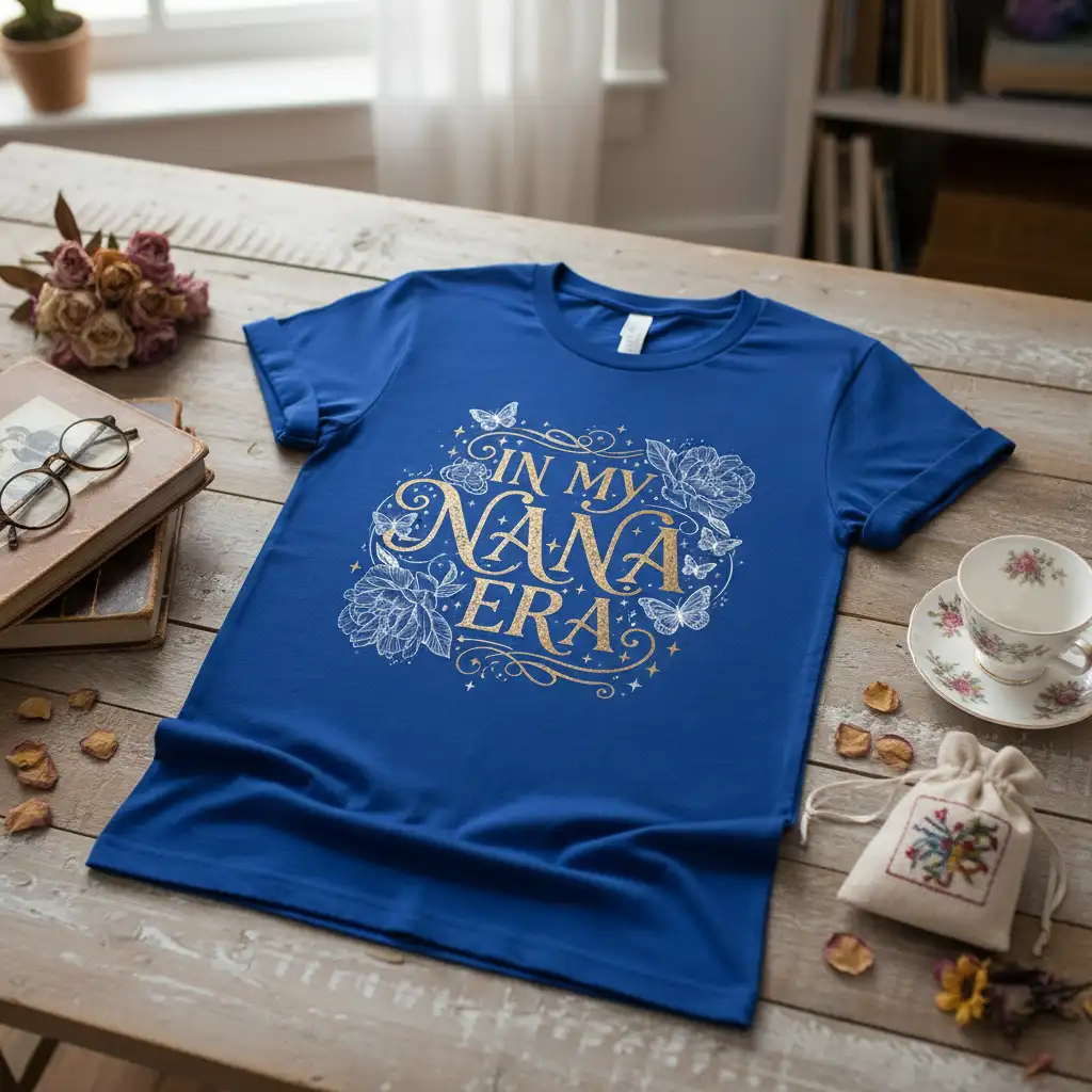 In My Nana Era gold text with floral and butterfly design on a royal blue t-shirt