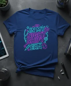 Blue t-shirt with neon pink and blue text "In My Night Shift Era" and medical graphics like a stethoscope and