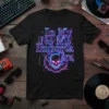 Black t-shirt with neon pink and blue text "In My No Me Importa Era" and a glowing skull graphic with