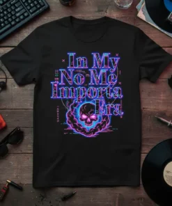Black t-shirt with neon pink and blue text "In My No Me Importa Era" and a glowing skull graphic with