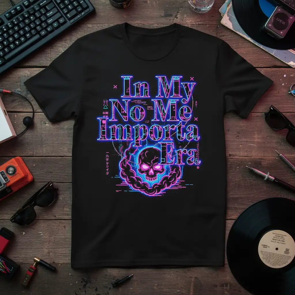 In My No Me Importa Era phrase with skull graphic in neon pink and blue on black t-shirt