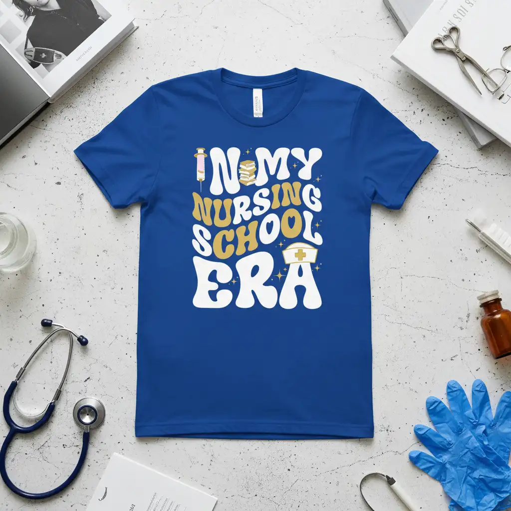 In My Nursing School Era quote with retro typography, syringe, books, and nurse cap graphic