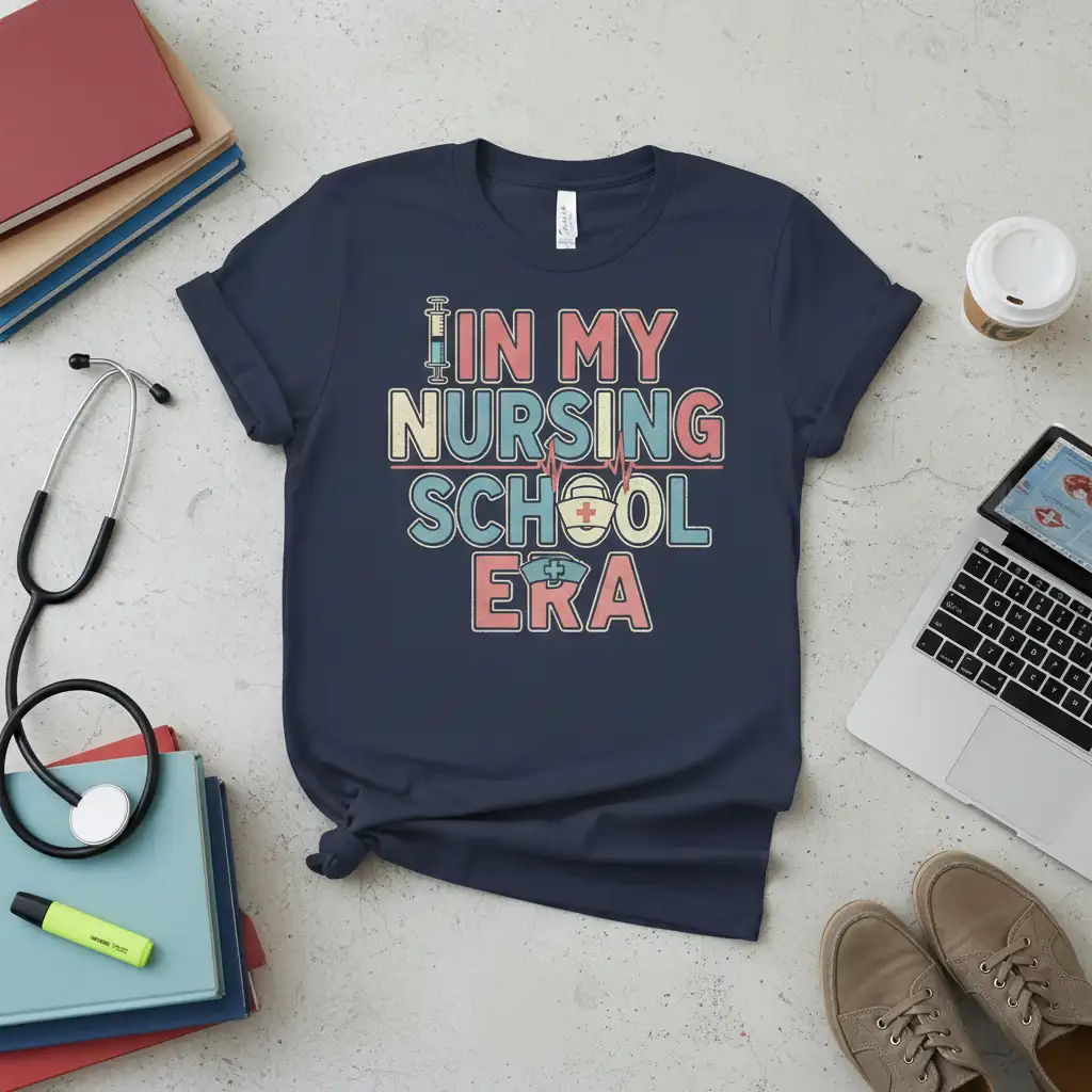 In My Nursing School Era phrase in retro font with syringe and nurse cap graphic on a dark t-shirt