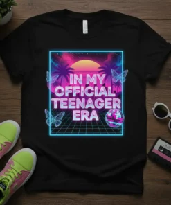T-shirt design with text "In My Official Teenager Era" in neon retro style, featuring palm trees, sunset, disco ball, and