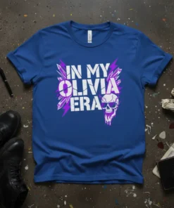 In My Olivia Era text design with lightning bolts and skull graphic on a blue t-shirt