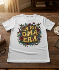 White t-shirt with "In My Oma Era" text surrounded by colorful flowers and hummingbirds, perfect for grandmothers