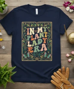 In My Plant Lady Era text design with floral border and butterflies, navy blue t-shirt