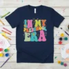 In My Preschool Era groovy retro text design with colorful wavy font and cute sun and flower graphics on a
