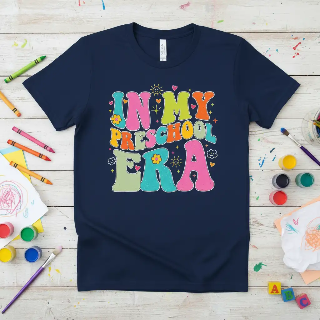 In My Preschool Era groovy retro typography t-shirt design with colorful wavy letters and cheerful sun and flower graphics