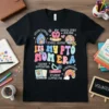 In My PTO Mom Era t-shirt design featuring colorful text and school-themed graphics like a backpack, apple, and rainbow