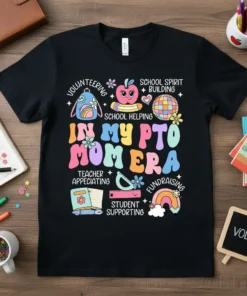 In My PTO Mom Era t-shirt design featuring colorful text and school-themed graphics like a backpack, apple, and rainbow